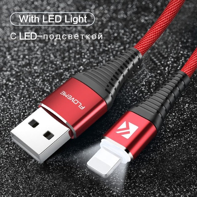 FLOVEME LED USB Cable For Lightning For iPhone X 8 7 5 5s se iPad 1m Hi-Tensile 2A Fast Charge Charging Data Charger