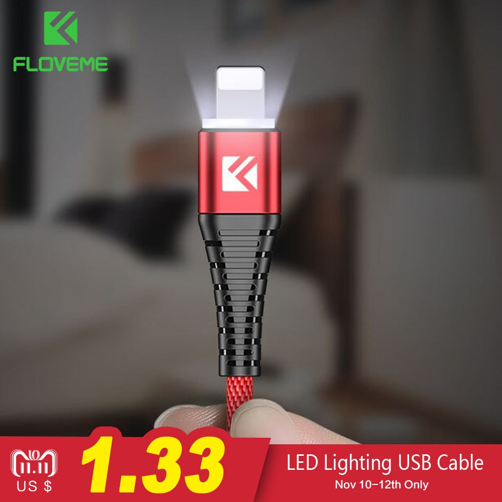 FLOVEME LED USB Cable For Lightning For iPhone X 8 7 5 5s se iPad 1m Hi-Tensile 2A Fast Charge Charging Data Charger